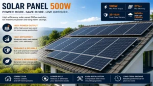 Multiple solar panel 500w units installed as a rooftop solar array.