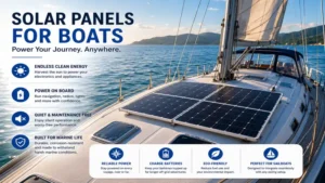 Solar panels for boats powering onboard electronics while a sailboat cruises offshore.