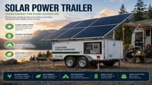 Solar power trailer delivering clean energy for camping and remote outdoor activities