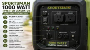 Control panel features of sportsman 1000 watt inverter generator showing outlets and power controls