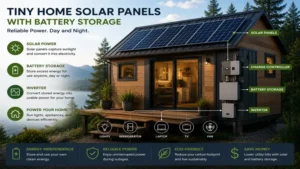 tiny home solar panels connected to a battery storage system for day and night power use