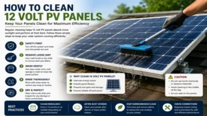 Cleaning and maintaining 12 volt pv panels to improve solar power efficiency and performance