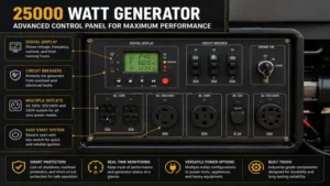 Close-up of a 25000 watt generator control panel with multiple outlets and monitoring gauges