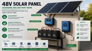 48v solar panel charging a 48V battery bank for dependable energy storage