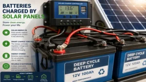 Close-up of batteries charged by solar panels with secure cable connections
