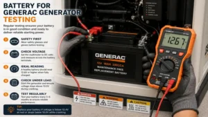 Battery for generac generator testing using a digital multimeter to check battery voltage and condition.