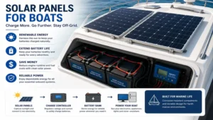 Solar panels for boats charging a deep-cycle battery bank for dependable off-grid electricity.