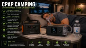 CPAP camping setup inside an RV with a CPAP machine ready for nighttime use