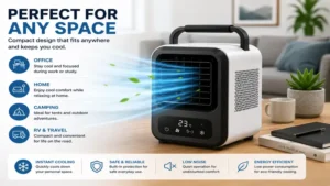 Portable battery air conditioner ideal for RV trips, home, office, and personal spaces