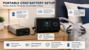 Portable CPAP battery connected to a CPAP machine for reliable overnight use.