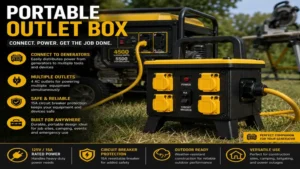 portable outlet box connected to a generator for temporary power distribution