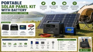 Portable solar panel kit with battery for camping, RV travel, and emergency backup power