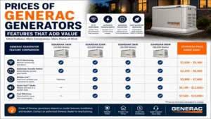 Prices of Generac generators based on advanced features including Wi-Fi monitoring and automatic transfer switch.