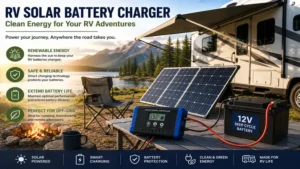 RV solar battery charger delivering renewable energy at a remote campsite for off-grid living