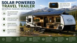 Solar powered travel trailer supporting off-grid living with integrated solar power and modern amenities