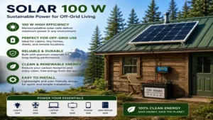 Solar 100 W panel providing electricity to a small off-grid cabin