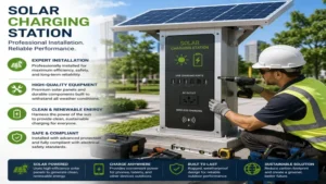 Technician installing a solar charging station with photovoltaic panels and charging equipment.