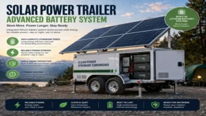 Solar power trailer with integrated lithium battery system for efficient energy storage and backup power