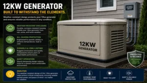 12kw generator protected by a weather-resistant enclosure outdoors