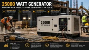 25000 watt generator powering heavy equipment and tools at an active construction site
