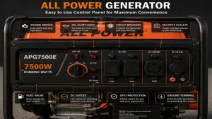 all power generator control panel featuring easy-to-use outlets, switches, and monitoring displays.