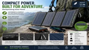Compact backpacking solar panel featuring USB charging ports and lightweight construction