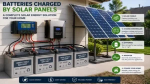 Batteries charged by solar panels installed in a residential renewable energy setup