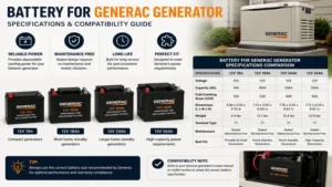 Battery for generac generator specifications comparing compatible battery sizes, voltage, and capacity for standby generators.