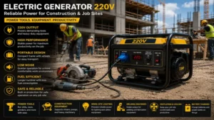Electric generator 220v providing portable power for construction tools on a job site 