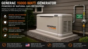 Generac 15000 watt generator connected to a natural gas or propane fuel supply for continuous operation.