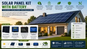 Residential solar panel kit with battery providing clean energy, lower electricity bills, and backup power for a home