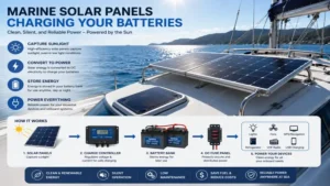 Marine solar panels charging onboard batteries while cruising in sunny conditions