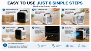 Portable battery air conditioner setup guide with rechargeable battery and easy operation