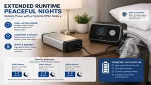 Portable CPAP battery delivering extended runtime for uninterrupted sleep therapy.