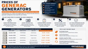 Prices of Generac generators buying guide with tips for choosing the right generator based on budget and power needs.