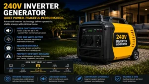 Quiet 240v inverter generator operating with low noise for residential and recreational use