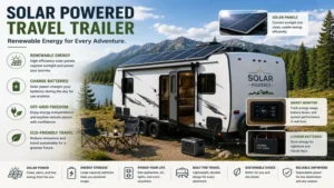 Solar powered travel trailer charging batteries through rooftop solar panels during outdoor adventures