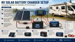 Complete RV solar battery charger setup with solar panels, charge controller, battery, and inverter