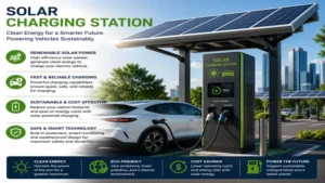 Large solar charging station providing renewable energy for charging electric vehicles.