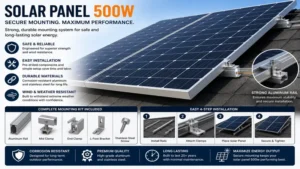 Solar panel 500w mounted securely with aluminum rails and mounting brackets.