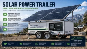 Solar power trailer operating in an off-grid location with extended solar panel array and battery storage