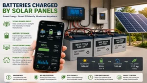 Batteries charged by solar panels monitored through a smart energy management system