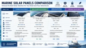 Comparison of different marine solar panels for boats and yachts with varying power outputs