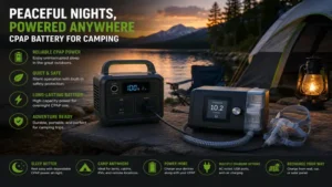 Durable cpap battery for camping used with a CPAP machine at a peaceful lakeside campsite.