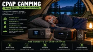 CPAP camping at night with a CPAP machine running inside a comfortable tent