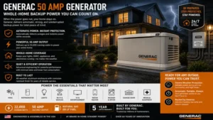 Generac 50 amp generator supplying whole-home backup power during severe weather and outages.