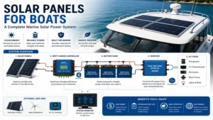 Solar panels for boats integrated into a complete marine solar power system with inverter and batteries.