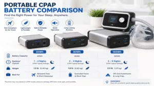 Portable CPAP battery comparison showing compact designs and power capacity options.
