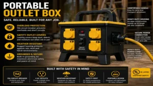 portable outlet box with safety features including protected outlets and circuit breaker