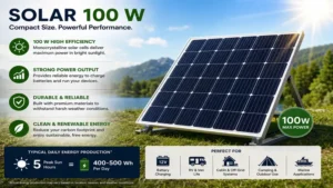 Solar 100 W panel producing reliable power in bright sunlight